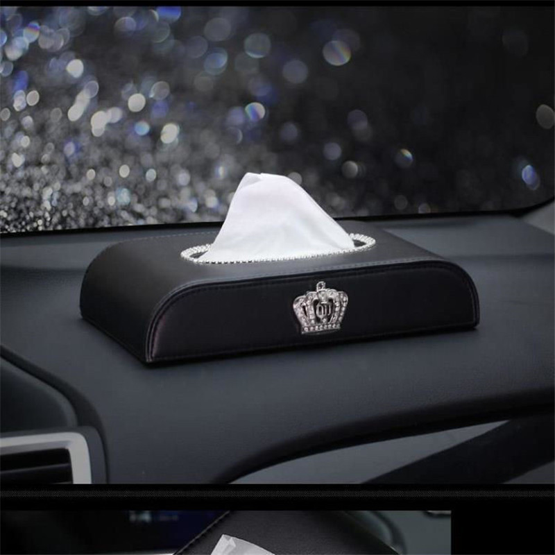 Luxury Car PU Leather Crown Crystal Tissue Box Napkin Holder  Home Office Hotel Diamond Car Tissue Paper Box Auto Accessories
