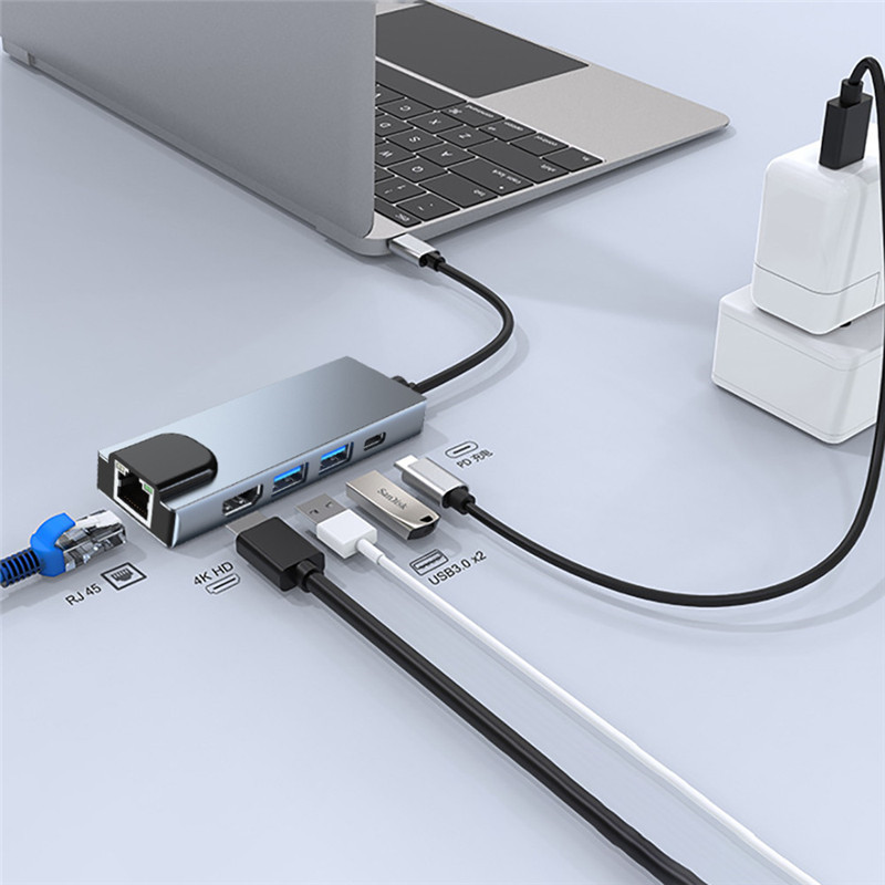 5 In 1 USB C Hub To Ethernet Rj45 Lan Type C Hub USB 3 Adapter with 4K HDMI Thunderbolt 3 USB-C Charger PD for Mac Book Pro/Air