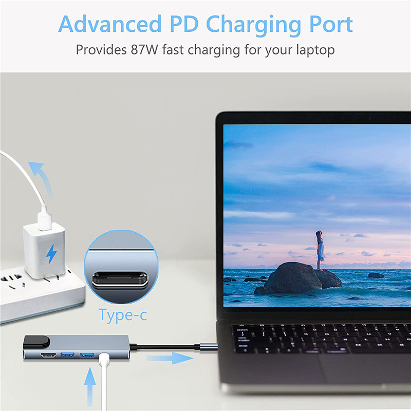 5 In 1 USB C Hub To Ethernet Rj45 Lan Type C Hub USB 3 Adapter with 4K HDMI Thunderbolt 3 USB-C Charger PD for Mac Book Pro/Air