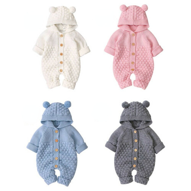 Newborn Baby Ear Hooded Knitted Sweater Romper Jumpsuit Bodysuit Overalls for Boy Girl Kids Toddler Clothes Long Sleeve Outfit