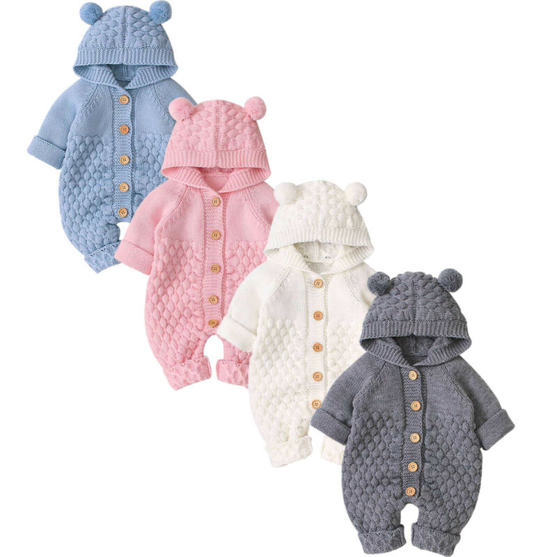 Newborn Baby Ear Hooded Knitted Sweater Romper Jumpsuit Bodysuit Overalls for Boy Girl Kids Toddler Clothes Long Sleeve Outfit