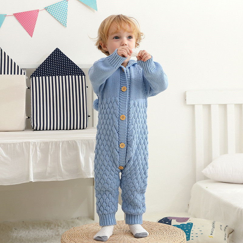 Newborn Baby Ear Hooded Knitted Sweater Romper Jumpsuit Bodysuit Overalls for Boy Girl Kids Toddler Clothes Long Sleeve Outfit