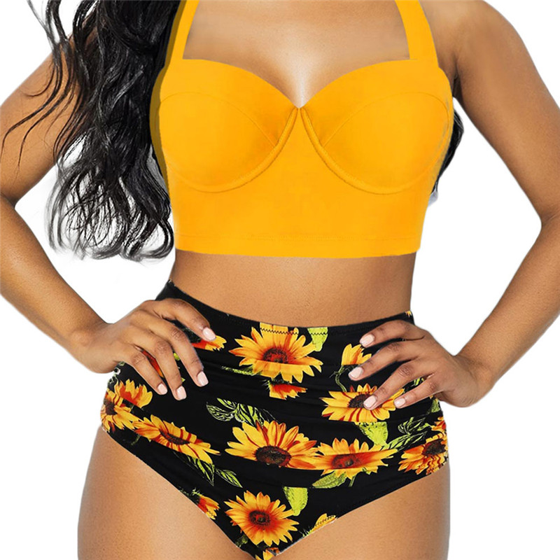 Women Sunflower Swimsuit Bikini Sexy Halter Neck Lace Up Beachwear Print Push-up High Cut Shorts Female Swimwear Bathing Suit