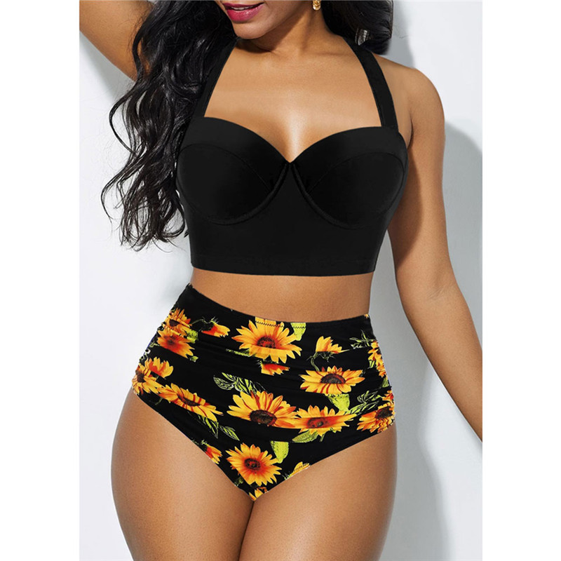 Women Sunflower Swimsuit Bikini Sexy Halter Neck Lace Up Beachwear Print Push-up High Cut Shorts Female Swimwear Bathing Suit