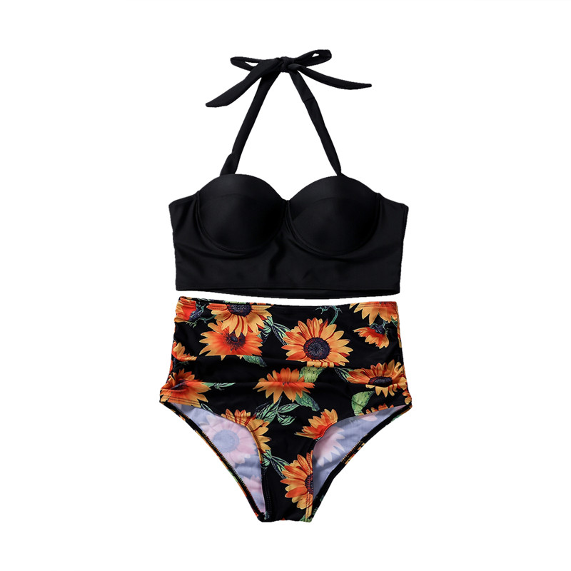 Women Sunflower Swimsuit Bikini Sexy Halter Neck Lace Up Beachwear Print Push-up High Cut Shorts Female Swimwear Bathing Suit
