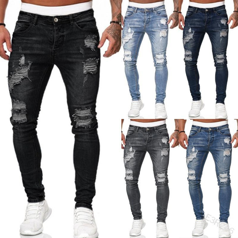 Men's Sweatpants Sexy Hole Jeans Pants Casual Summer Autumn Male Ripped Skinny Trousers Slim Biker Pencil Denim Pants Men
