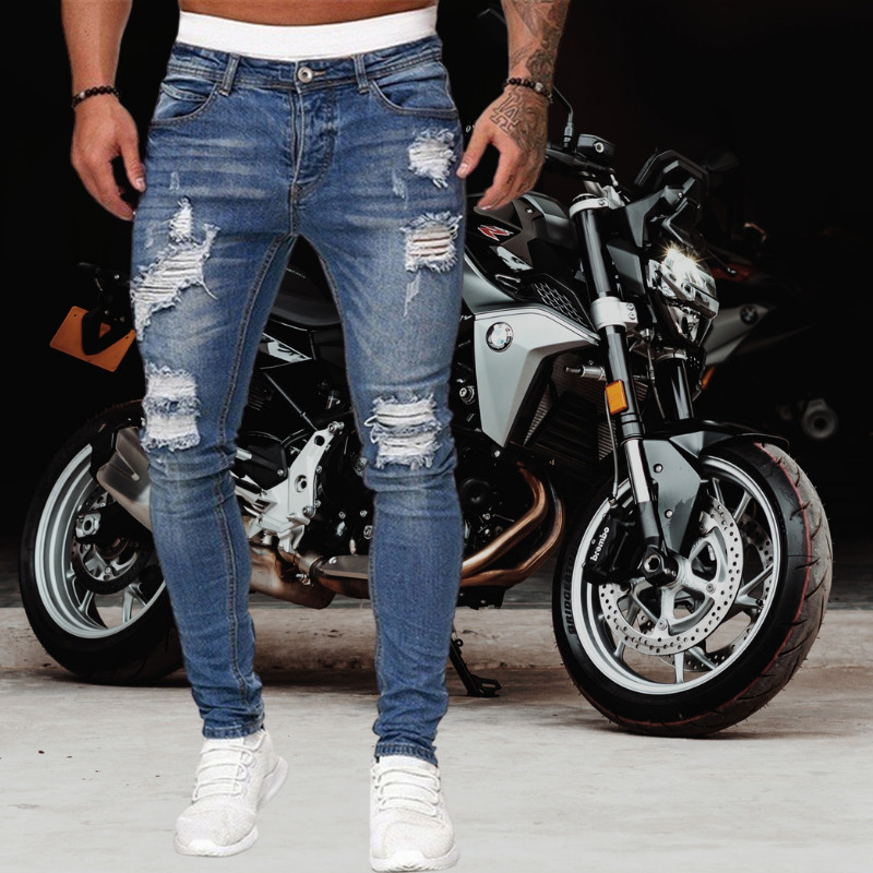 Men's Sweatpants Sexy Hole Jeans Pants Casual Summer Autumn Male Ripped Skinny Trousers Slim Biker Pencil Denim Pants Men