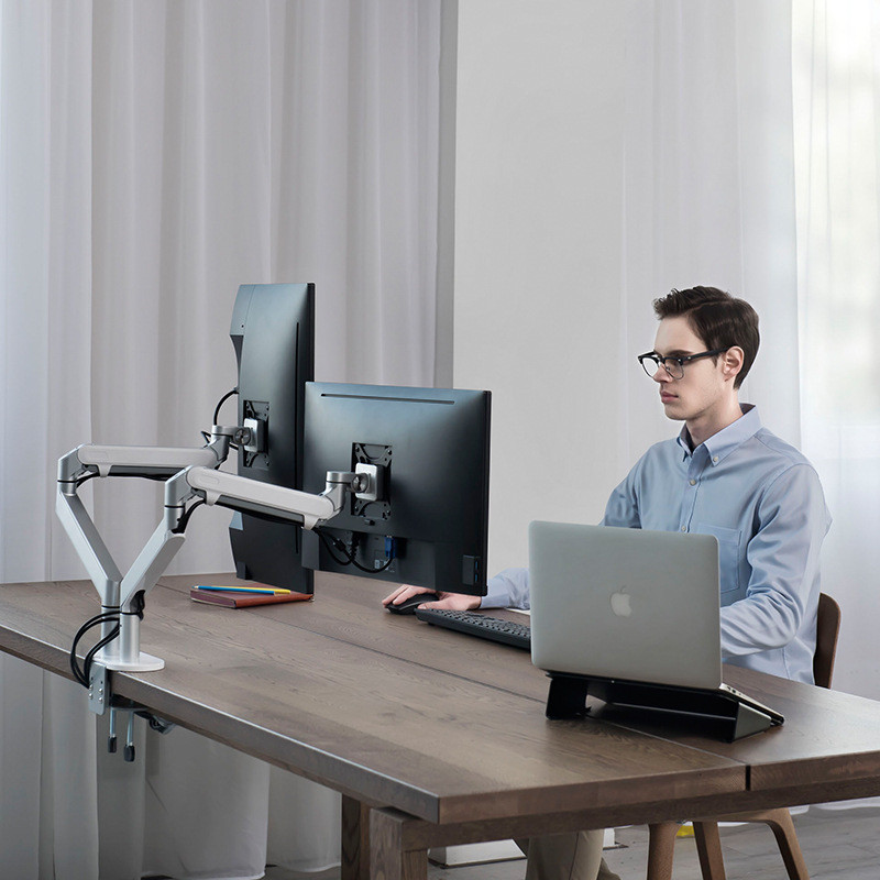 Dual Arm LCD Monitor Mount Desk Stand Full Motion Aluminum 17-32 inch Monitor Holder Gas Spring Arm Load 2-8kg