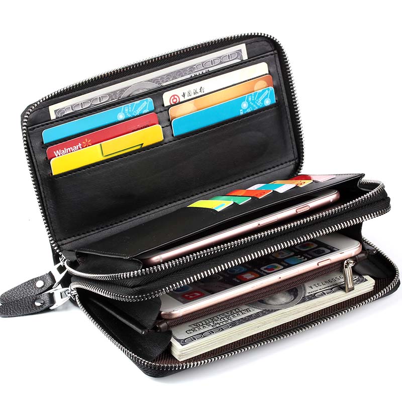 Fashion Men Clutch Bag Long Wallet Men Genuine Leather Double Zipper Business Purse Casual Male Handy Money Bags