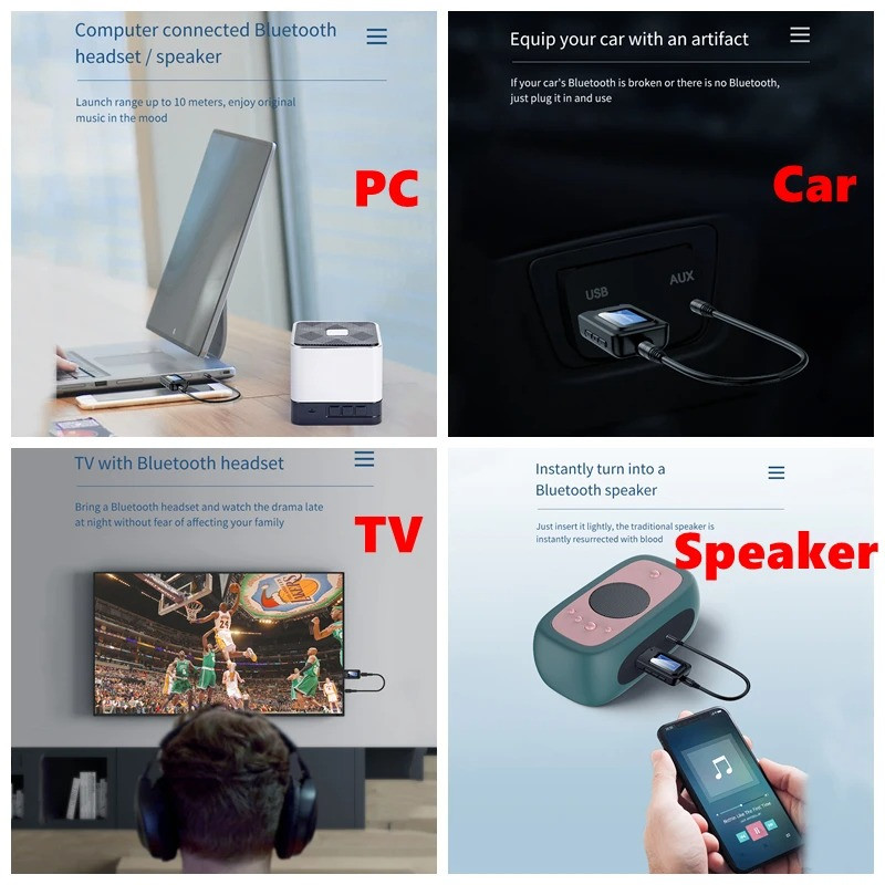 USB Bluetooth Receiver Transmitter Audio Bluetooth Adapter For Car PC TV HD HiFi Receptor Wireless Adapter LCD 3.5MM AUX