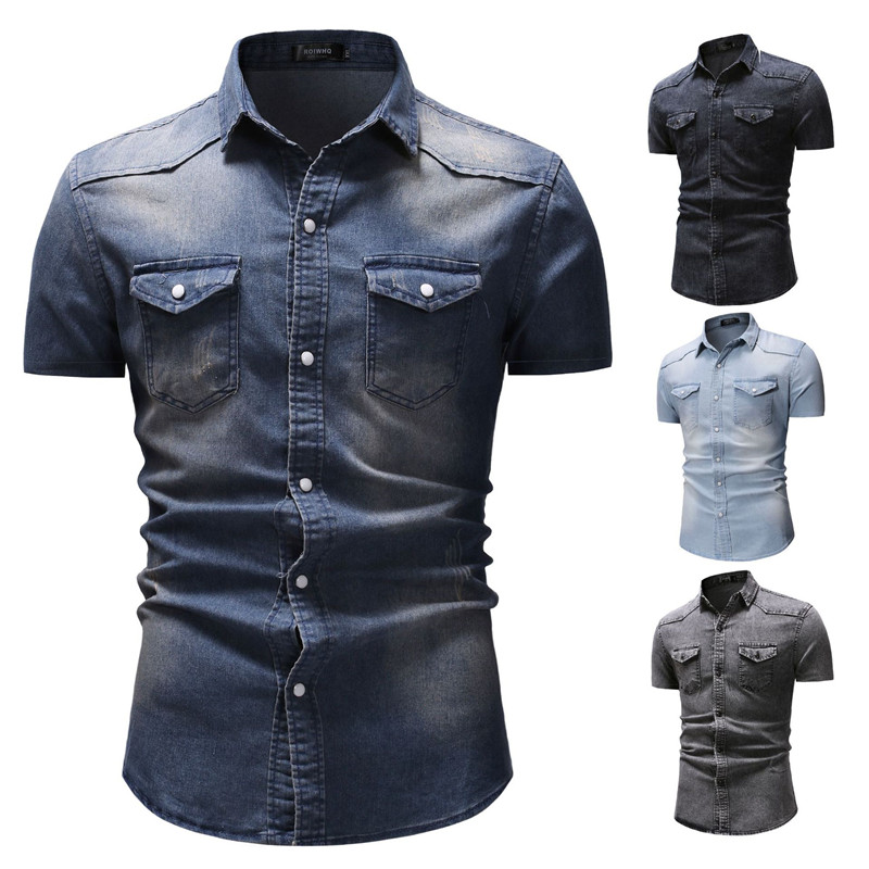 Men's Casual Slim Fit Button Shirt With Pocket Cotton Elastic Short Sleeve Blouse Cowboy Shirt Denim Streetwear Top