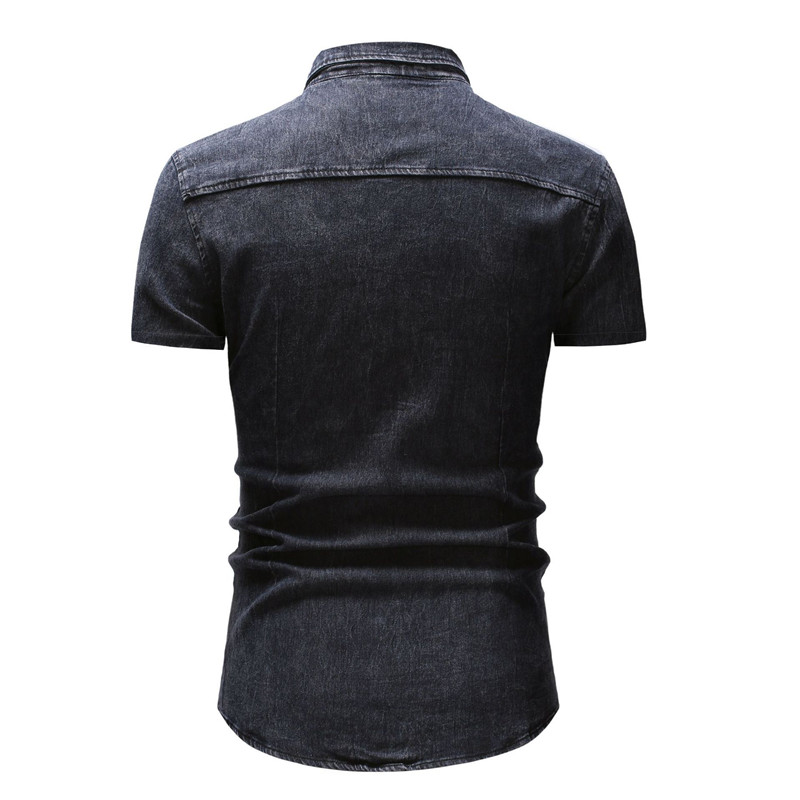 Men's Casual Slim Fit Button Shirt With Pocket Cotton Elastic Short Sleeve Blouse Cowboy Shirt Denim Streetwear Top