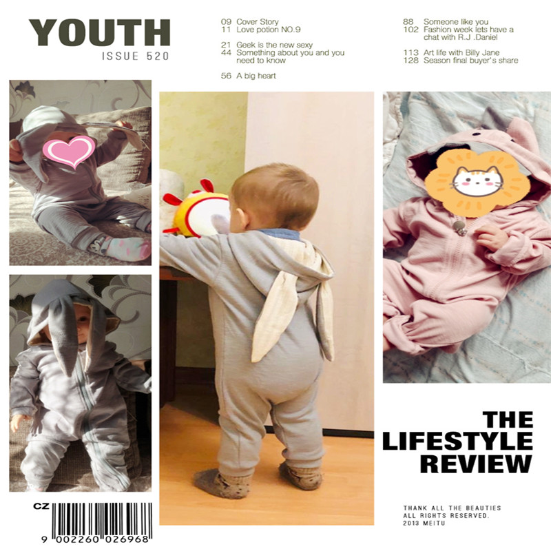 Baby Big Ears Bunny Rompers Cotton Hooded Zipper Long Sleeve Romper Newborn Cute Onesies Jumpsuit Clothes For Boys Girls