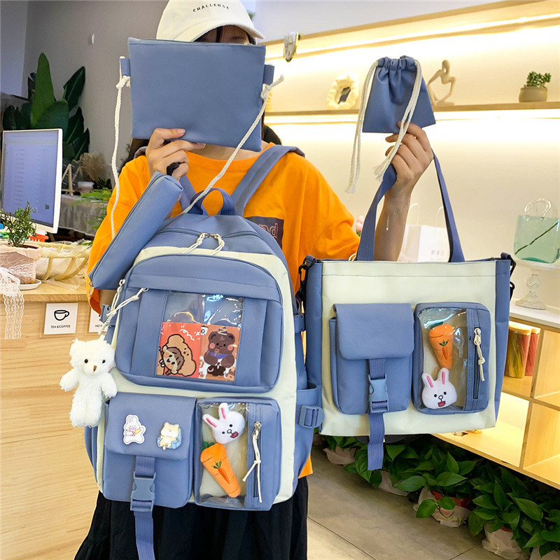 5pcs/set Nylon Kawaii Women Backpack Cute Teenage Student Girl Large Capacity Schoolbag Clutch Travel Bookbags Shoulder Bag