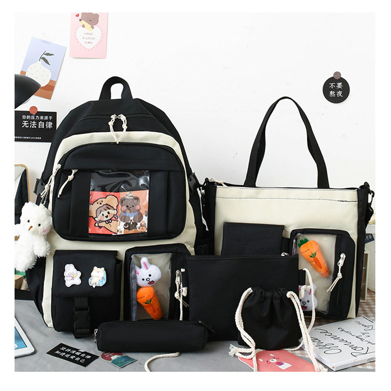 5pcs/set Nylon Kawaii Women Backpack Cute Teenage Student Girl Large Capacity Schoolbag Clutch Travel Bookbags Shoulder Bag