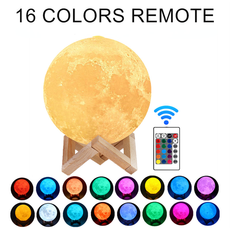 LED Night Light 3D Print Moon Lamp Rechargeable 16 Color Change 3D Light Touch Moon Light Children's Lights Christmas Gift