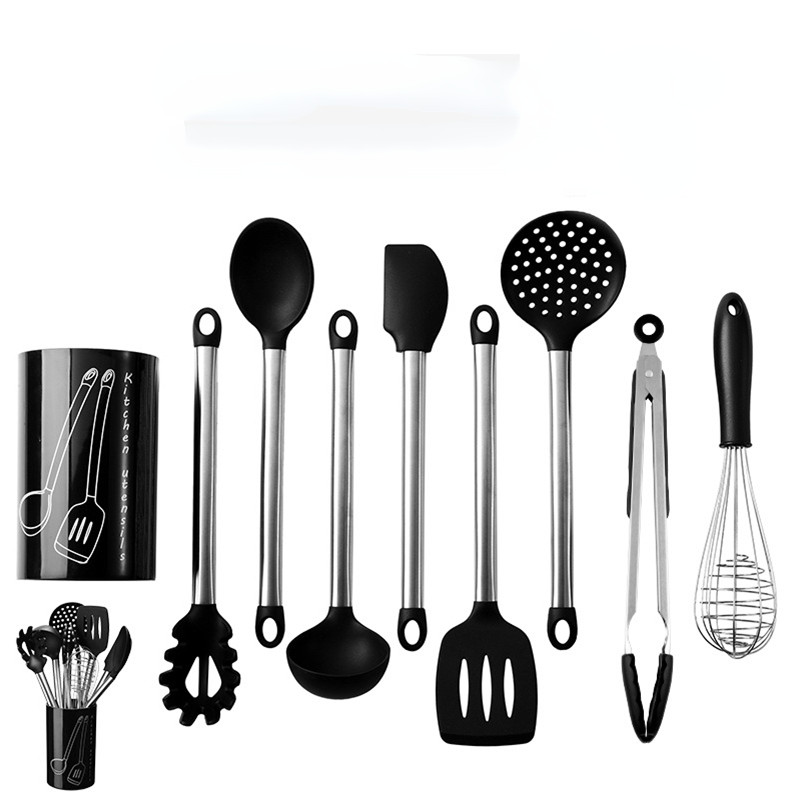9pcs Silicone Cooking Utensils Set Stainless Steel Handle Kitchen Cookware with Storage Box Spatula Spoon Clip Whisk Kitchenware