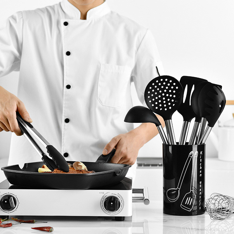 9pcs Silicone Cooking Utensils Set Stainless Steel Handle Kitchen Cookware with Storage Box Spatula Spoon Clip Whisk Kitchenware