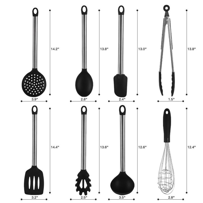 9pcs Silicone Cooking Utensils Set Stainless Steel Handle Kitchen Cookware with Storage Box Spatula Spoon Clip Whisk Kitchenware