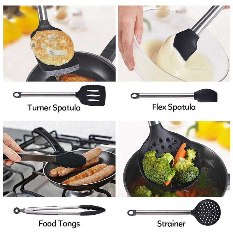 9pcs Silicone Cooking Utensils Set Stainless Steel Handle Kitchen Cookware with Storage Box Spatula Spoon Clip Whisk Kitchenware