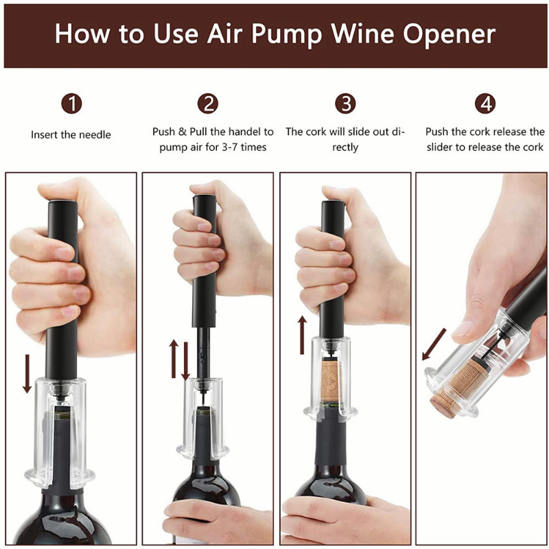 4pcs/set Air Pump Wine Bottle Opener Corkscrew Corks Out Tool Stainless Steel Pin Air Pressure Vacuum Red Wine Stopper Beer Lid