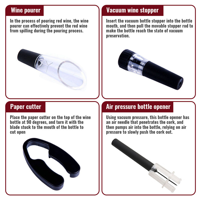 4pcs/set Air Pump Wine Bottle Opener Corkscrew Corks Out Tool Stainless Steel Pin Air Pressure Vacuum Red Wine Stopper Beer Lid