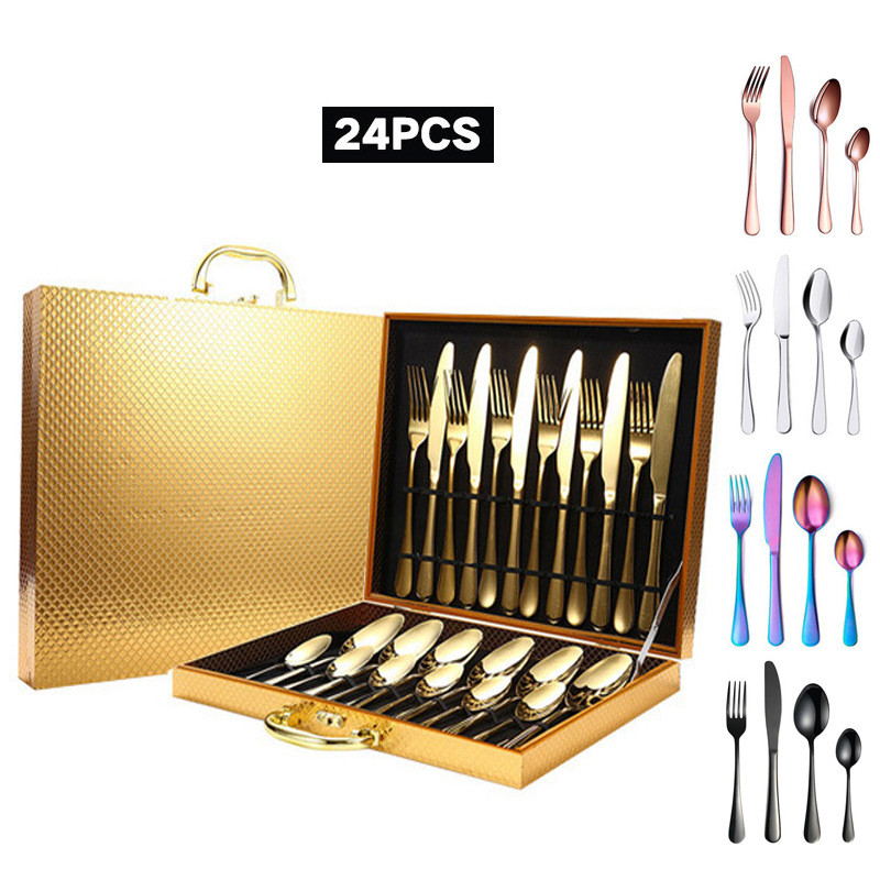 24pcs Dinnerware Set Stainless Steel Knife Fork Spoon Luxury Cutlery Set Flatware Tableware Wedding Hotel Dinner Party Gift