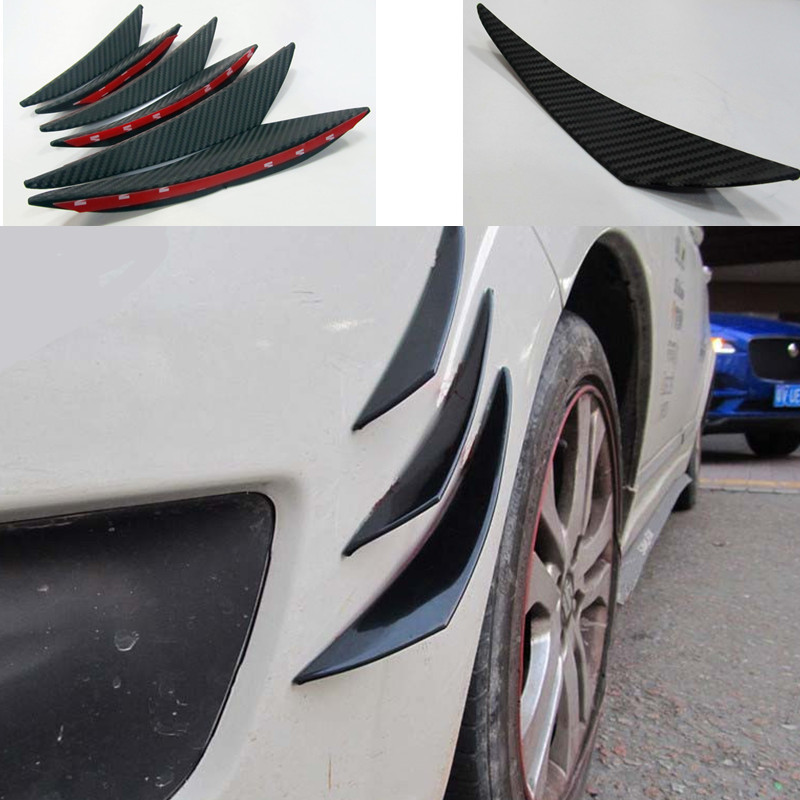 6pcs Universal Black Carbon Fiber Car Styling Accessories Front Bumper Lip Rubber Fin Splitter Spoiler Canard Valence Sticker
