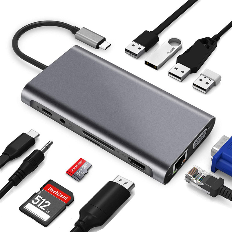 USB Type C Laptop Docking Station for MacBook Pro Air Hp Dell, 11 in 1 USB C Hub Adapter, 4K HDMI VGA SD TF RJ45 PD Fast Charger