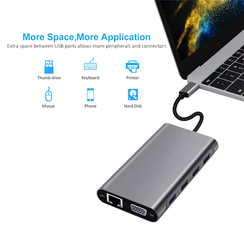 USB Type C Laptop Docking Station for MacBook Pro Air Hp Dell, 11 in 1 USB C Hub Adapter, 4K HDMI VGA SD TF RJ45 PD Fast Charger