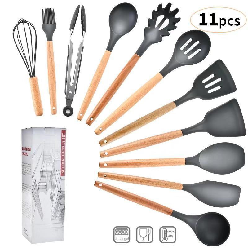 11PCS Silicone Kitchen Utensils Set Non Stick Spatula Shovel Wooden Handle Spoon Colander Cooking Tool Kitchen Accessories