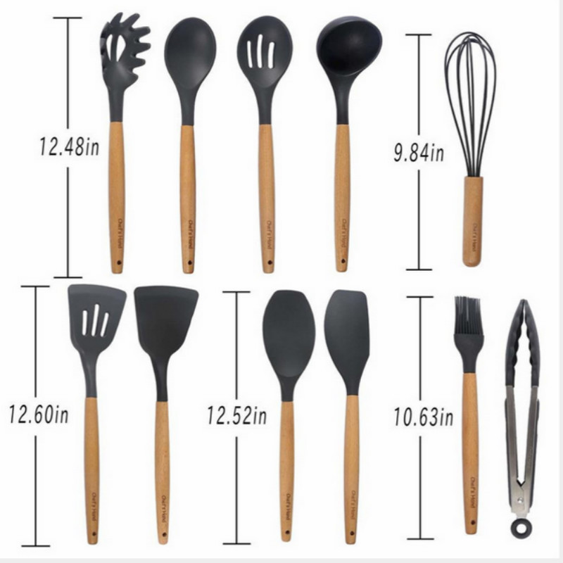 11PCS Silicone Kitchen Utensils Set Non Stick Spatula Shovel Wooden Handle Spoon Colander Cooking Tool Kitchen Accessories