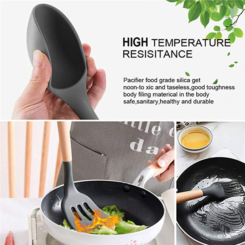 11PCS Silicone Kitchen Utensils Set Non Stick Spatula Shovel Wooden Handle Spoon Colander Cooking Tool Kitchen Accessories