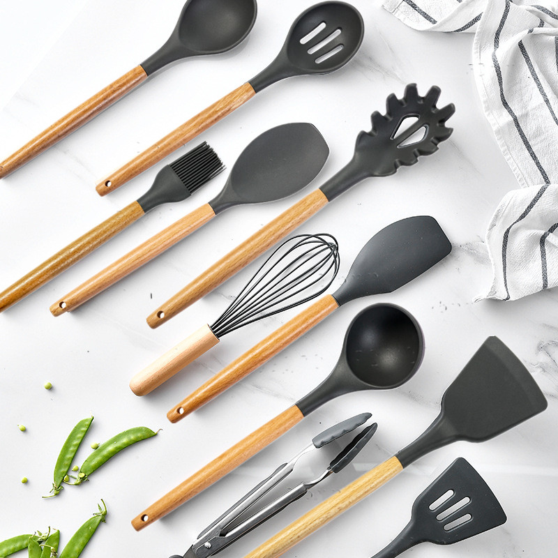 11PCS Silicone Kitchen Utensils Set Non Stick Spatula Shovel Wooden Handle Spoon Colander Cooking Tool Kitchen Accessories