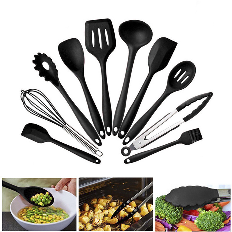 10pcs/set Silicone Cooking Utensils Non-Stick Pan Baking Tools Kitchenware Slotted Turner Spatula Spoon Food Tongs Kitchen Kit