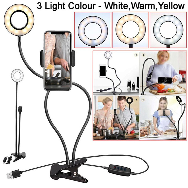 LED Phone Selfie Ring Light with Holder Stand USB Clip Fill Light Live Streaming Makeup Beauty Lamp Video Photography Light