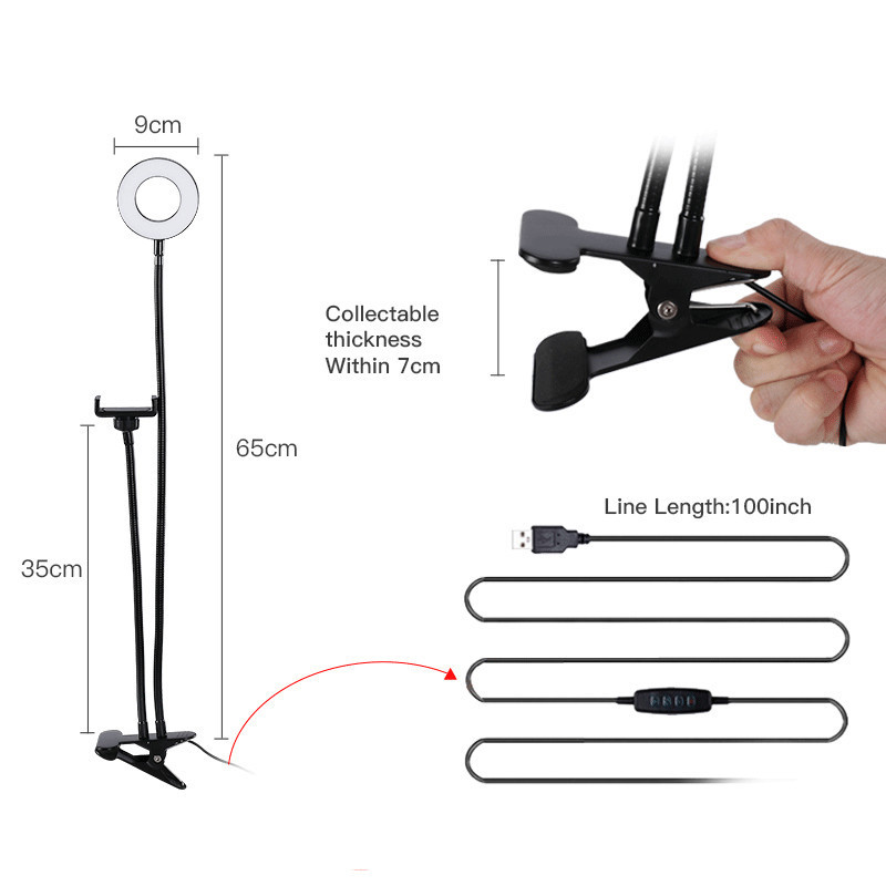 LED Phone Selfie Ring Light with Holder Stand USB Clip Fill Light Live Streaming Makeup Beauty Lamp Video Photography Light