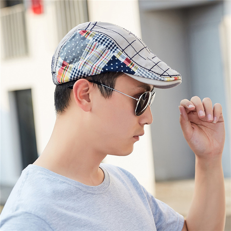 Unisex Vintage Cotton Adjustable Plaid Fabric Stitching Hat Embroidered Beret Cap Beret Hats For Men Women Flat Newsboy Caps
