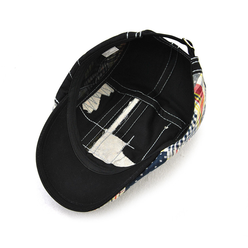 Unisex Vintage Cotton Adjustable Plaid Fabric Stitching Hat Embroidered Beret Cap Beret Hats For Men Women Flat Newsboy Caps