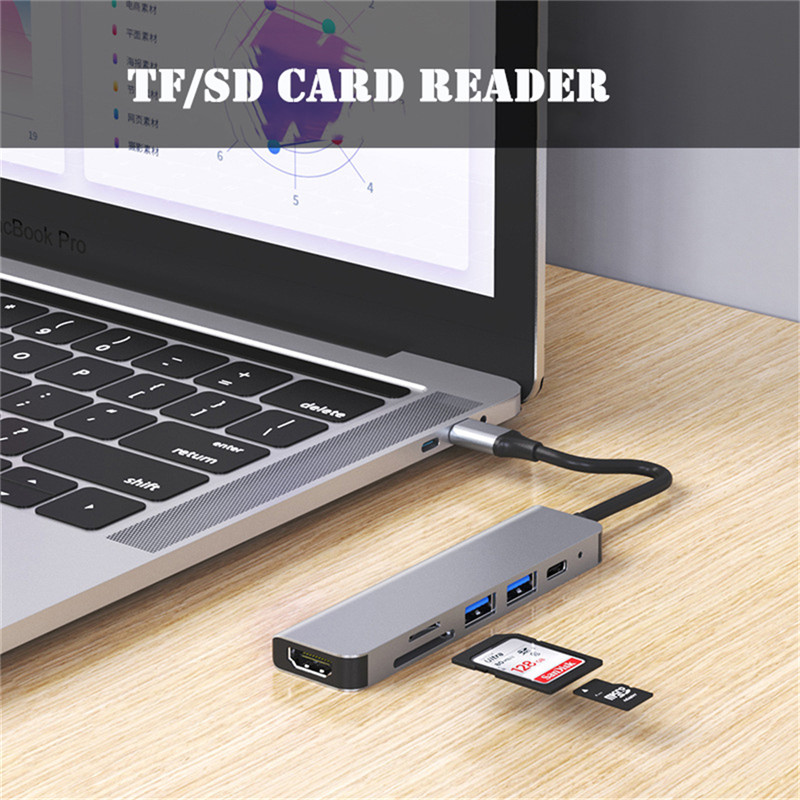 6 in 1 USB 3.0 Type-C Hub To HDMI Multi Splitter Adapter 4K Thunderbolt 3 USB C Hub with TF SD Reader Slot PD for MacBook Pro PC