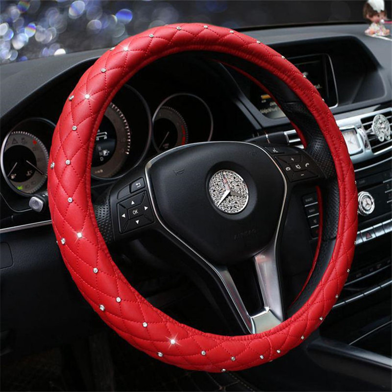 Universal 38cm Steering Wheel Cover Bling Rhinestones Crystal Car Handcraft Steering Wheel Covers Soft Leather for Girls ladies