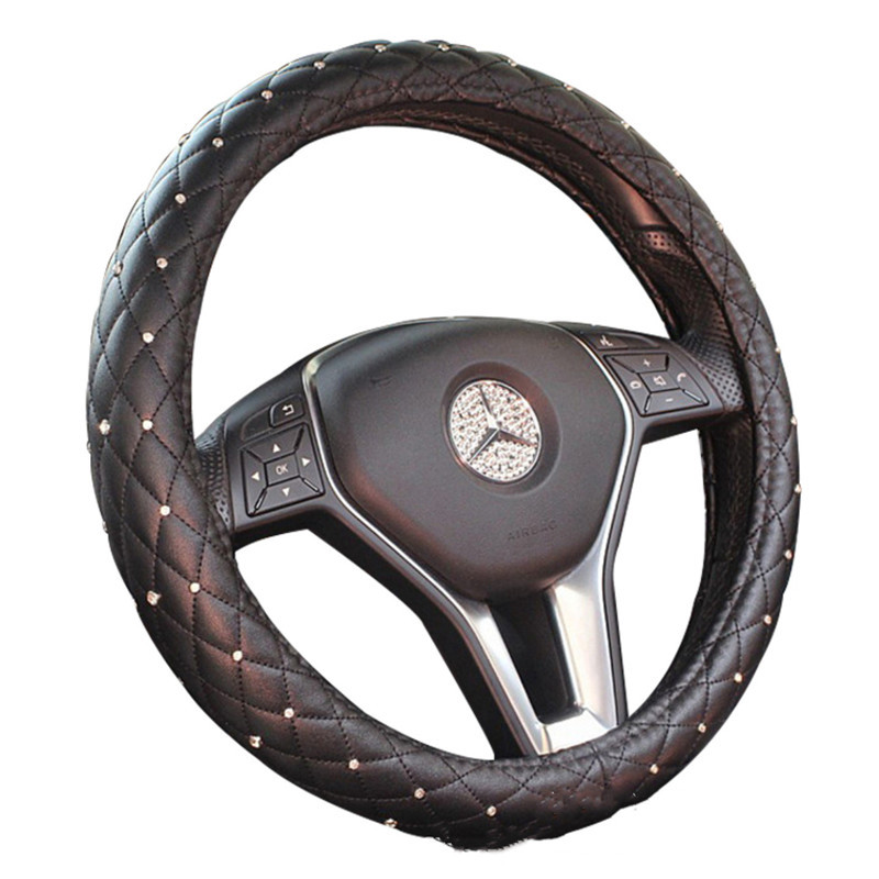 Universal 38cm Steering Wheel Cover Bling Rhinestones Crystal Car Handcraft Steering Wheel Covers Soft Leather for Girls ladies