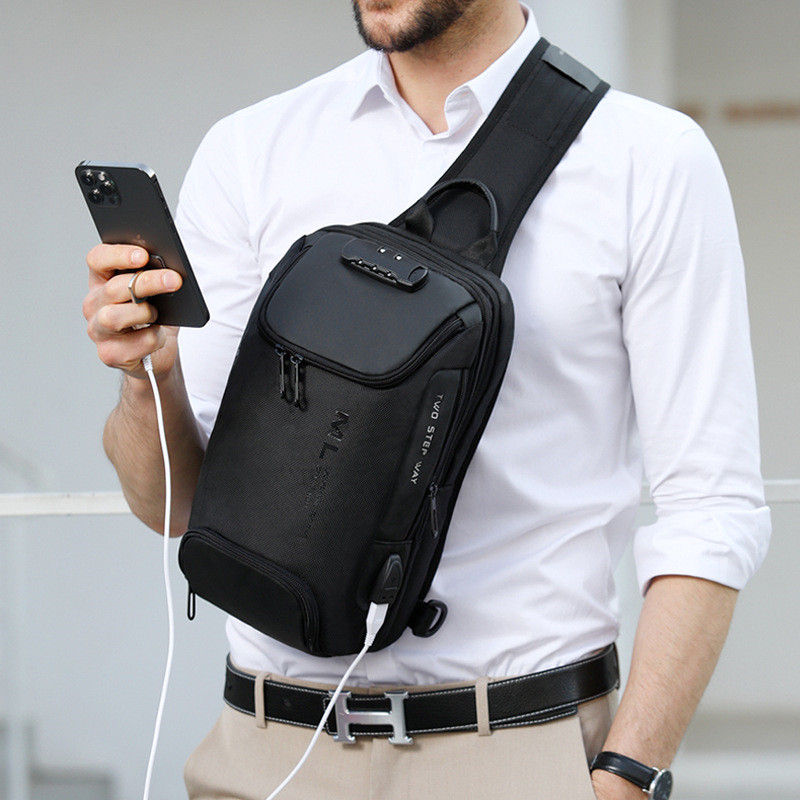 Oxford Password Men Chest Bag Shoulder Bag USB Charging Male Sling Crossbody Bag Waterproof Sports Travel Messenger Bags Purse