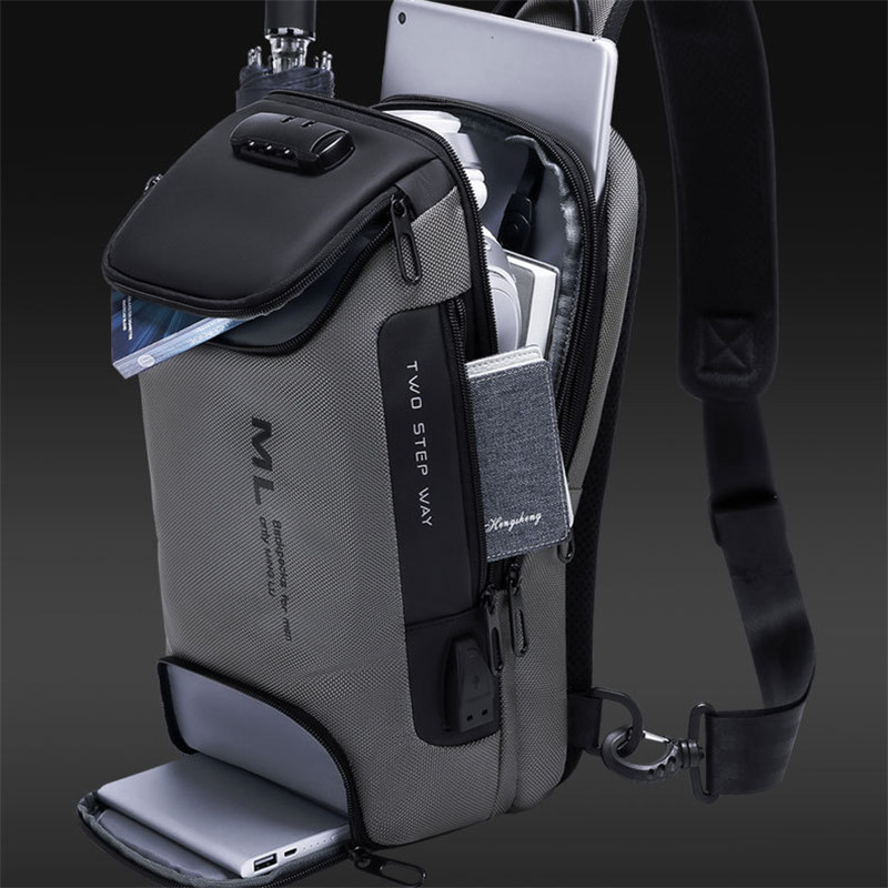 Oxford Password Men Chest Bag Shoulder Bag USB Charging Male Sling Crossbody Bag Waterproof Sports Travel Messenger Bags Purse