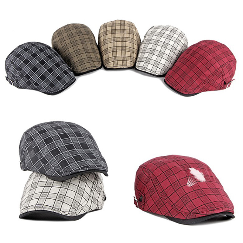 Plaid Print Beret Hats Lattice Adjustable Buckle Men Hat Flat Peaked Caps Male Forward Cap Vintage Newsboy Painter Hat