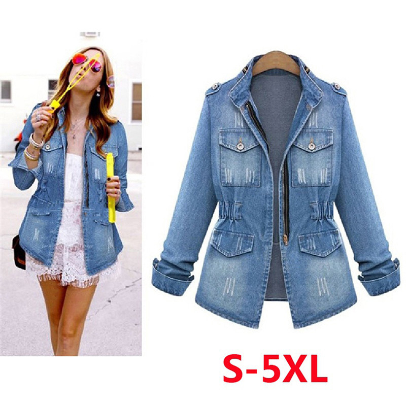 Plus Size Denim Jacket Women Casual Solid Casual Oversize Autumn Ladies Slim Jeans Coat Fashion Long Sleeve Outerwear Top