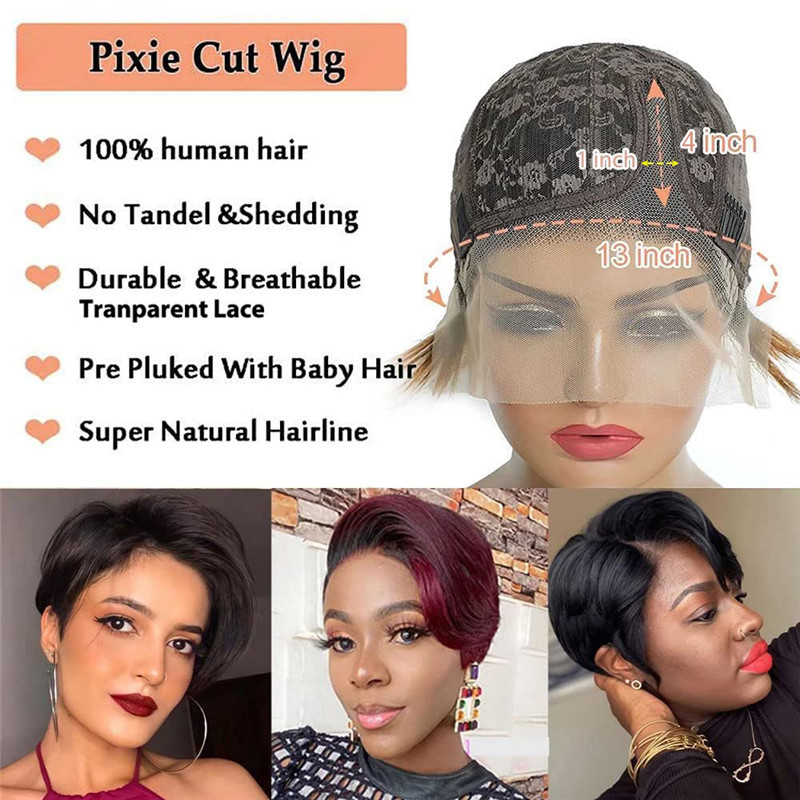 Pixie Cut Wig Transparent Lace Human Hair Wigs For Women Straight Short Bob Wig T Part Lace Wig Prepluck Brazilia Human Hair