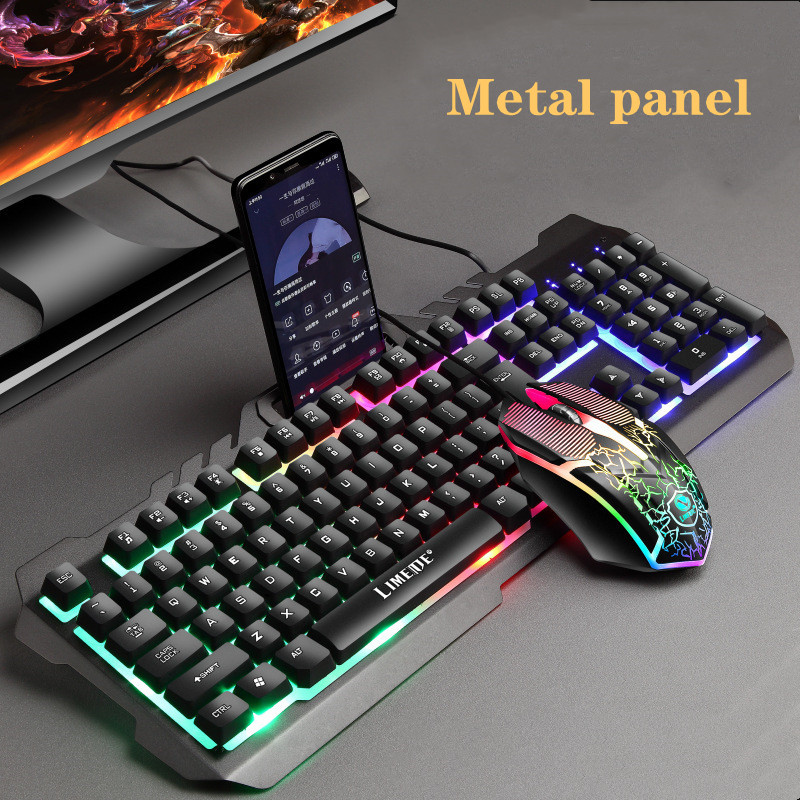 LED Backlit Wired Computer Keyboard and Mouse Set Ergonomic Keyboard with Phone Holder Gamer Keyboard Mice for Laptop PC