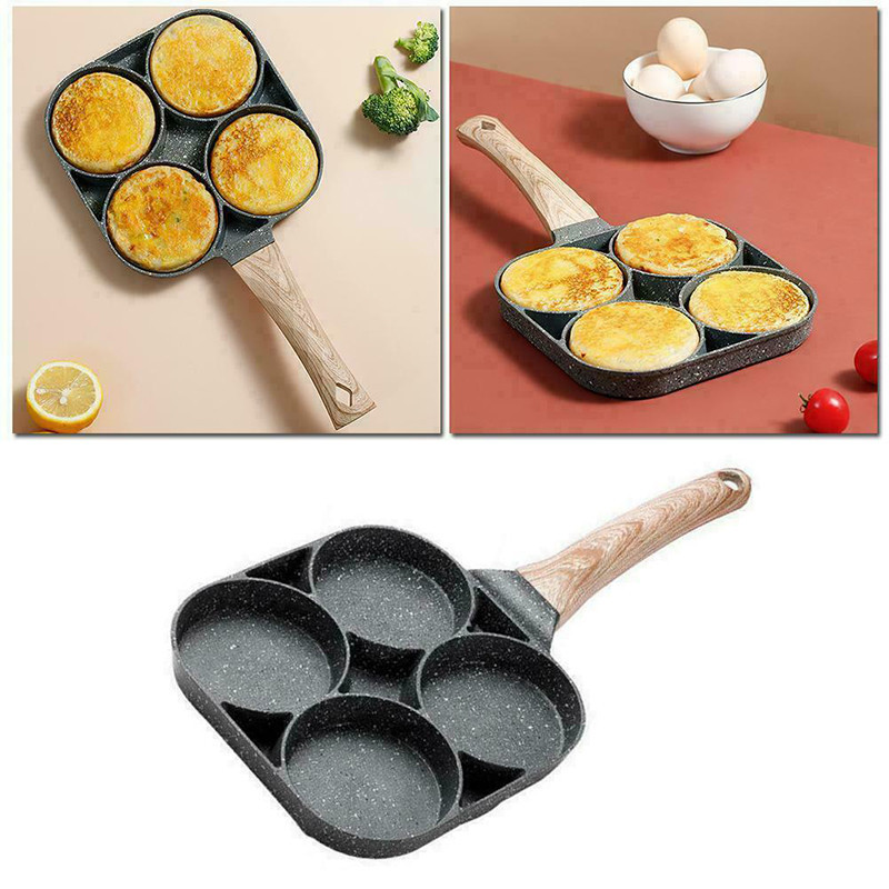 Non-stick Frying Pot Pan 4 Holes Steak Egg Pancake Thickened Omelet Pan Wooden Handle Pan For Kitchen Utensils Breakfast Maker
