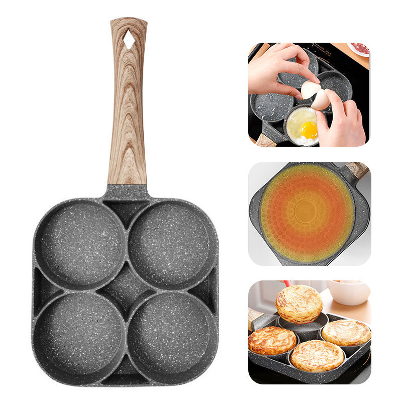 Non-stick Frying Pot Pan 4 Holes Steak Egg Pancake Thickened Omelet Pan Wooden Handle Pan For Kitchen Utensils Breakfast Maker